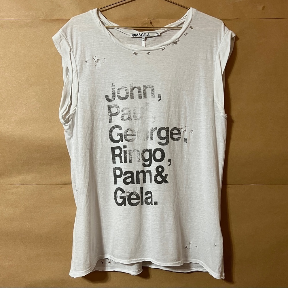 Pam & Gela | Beatles Name List Graphic Band Tee Distressed T-Shirt White Size M